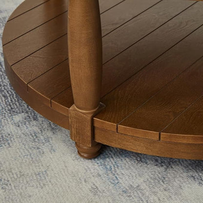 24KF Upholstered Round Coffee Table with Wooden Shelf, Tufted Button Large Round Ottoman with Spindle Wooden Legs, Linen Large Footrest Ottoman Pouf for Living Room, Linen