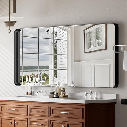 Large Bathroom Mirror 30x56 inch, Gorgeous Deep Frame Wall Vanity Mirror for Over Sink with Shatterproof Tempered Glass, Hanging Horizontal or Vertical, Black