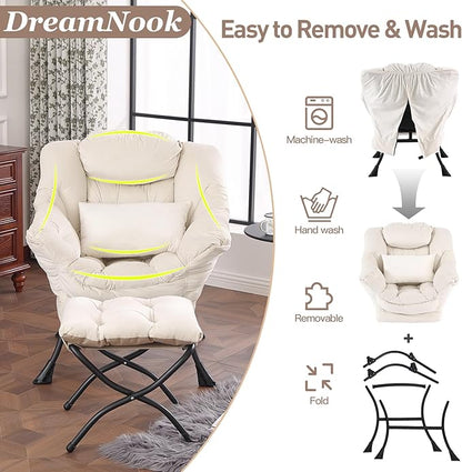 Lazy Chair with Ottoman, Modern Accent Chair with Lumbar Pillow, Comfy Chairs with Folding Footrest for Bedroom, Reading, Oversized Supportive Lounge Chairs(Velvet Beige)