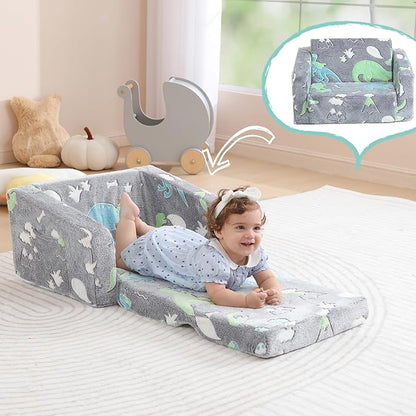 Toddler Couch Fold Out, Foldable Kids Couch with Blanket, Flip Out Toddler Chair, Foam Sofa for Girls & Boys, Convertible Sofa to Lounger for Children Age 1-3 (Glow Dino Grey)