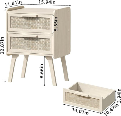 Lerliuo Rattan Nightstands Set of 2, Boho Night Stand with 2 Drawers, Cane Accent Side End Table, Bedside Table with Solid Wood Legs for Bedroom, Dorm and Small Spaces (Grey Oak)
