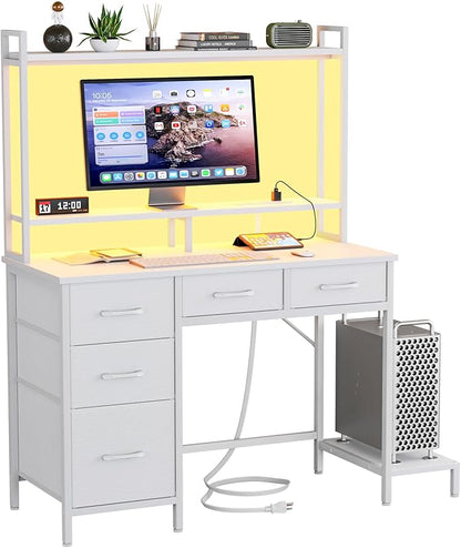 Computer Desk with Hutch, White Gaming Desk with Power Outlets & LED Ligthts & 5 Fabric Drawers, Home Office Desk with 2 Tiers Storage Shelves for Display (White Oak, 39 Inch)