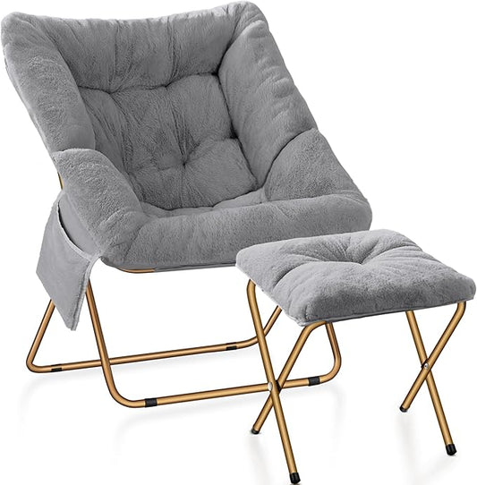 Comfy Saucer Chair for Adults, Foldable Living Room Chairs, Soft Faux Fur Lounge Chair for Bedroom, Reading Chairs, X-Large (Ottoman-Grey)