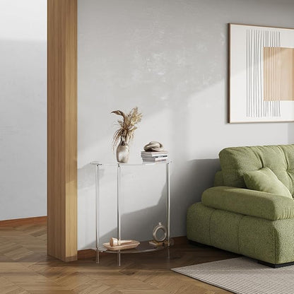 Acrylic Console Table, 2-Tier Half Moon Sofa Couch Table with Storage Shelf, 29.53" Narrow Entryway Table for Bedroom, Living Room, Foyer, Hallway (Clear)