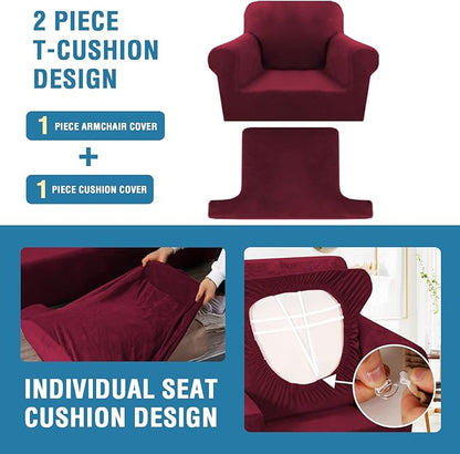 H.VERSAILTEX Sofa Cover 2 Piece T Cushion Armchair Slipcovers Velvet Couch Cover Furniture Protector Stretch T Cushion Sofa Covers for 1 Cushion Couch with 1 Individual T Cushion Covers, Burgundy