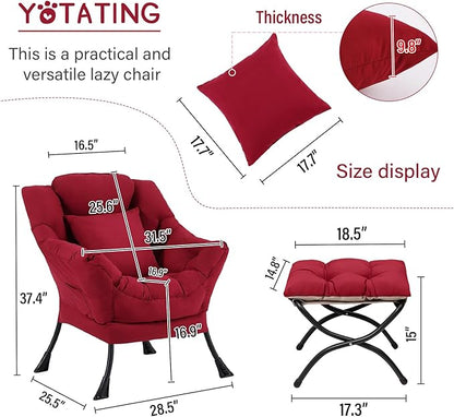 Lazy Chair with Ottoman, Comfy Reading Lounge Chair with Footstool & Throw Pillow Modern with Armrests & Side Pocket for Living Room, Bedroom, Dorm Room, Burgundy