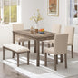 6-Piece Solid Wood Dining Table Set, Including 1 Dining Table, 4 Upholstered Chairs and 1 Bench, Wooden Legs Dining Table Set for Dining Room, Kitchen, Restaurant, Brown