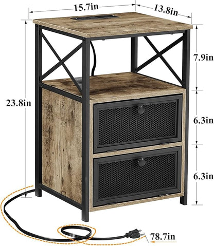 VECELO Dust Grey End Table with USB Ports and Outlets,24 Inch Nightstands with Charging Station and Storage Shelf for Bedroom,Living Room, 1 Set