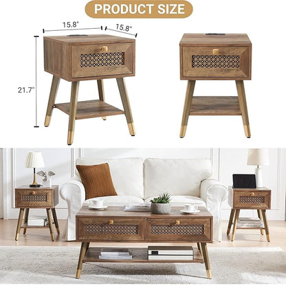 Boho Style Living Room Side Table, Wood End Table with Drawer and Shelf, Small Nightstand for Bedroom, Rustic Oak