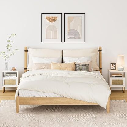 Rattan Nightstand, Boho Night Stand Farmhouse Wood Bedside Table with Storage and Open Shelf, End Side Accent Table for Bedroom,Living Room,White