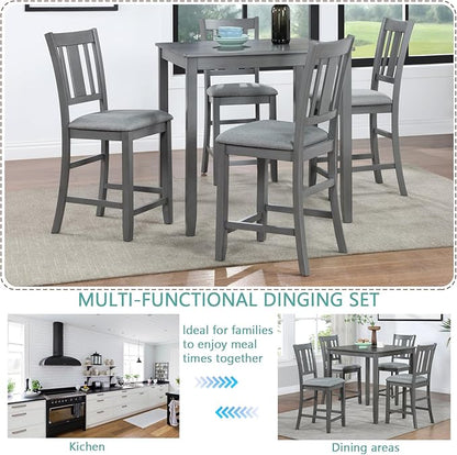 KEIKI 5-Piece Counter Height Dining Table Set with Square Table and 4 Upholstered Slatted Backrset Chair, for 4 Person, Modern Style Wooden Table Set, Easy Assembly, for Kitchen, Dining Room, Gray