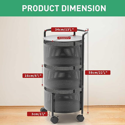 JAQ Rotating Storage Shelves Rack for Kitchen, 3-Tier Multi Layer Removable Basket Shelf Organizer on Rolling Wheels for Fruit Vegetable Grocery Corns Potato Onion (3-Tier, Black)