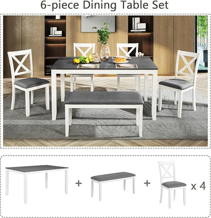 KEIKI 6-Piece Standard Height Dining Table Set with Rectangular Table, 4 Upholstered Chair, Bench, for 6 Person, Modern Style Wooden Table Set, Easy Assembly, for Kitchen, Dining Room, White+Gray