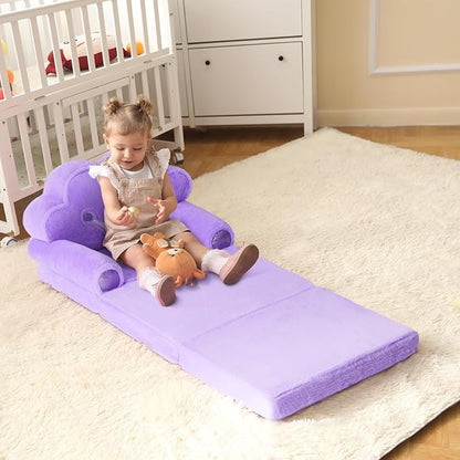 MOONBEEKI Toddler Chair Comfy，Foldable Princess Couch for Girl, Toddler Recliners for Kids Over 18 Months, Kids Sofa Bed Fold Out(Purple)