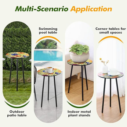 2 Packs Metal Floral Round Side Table 13.2" Small Outdoor Patio Round Accent Coffee Tables Indoor Corner Stand for Small Spaces Weather-Resistant for Balcony Plant Stand
