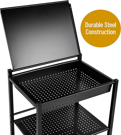 Mind Reader Cart with Covered Compartment, Office Organizer, Storage, 3-Tier, Office, Metal, 20" L x 14.25" W x 28.75" H, Black