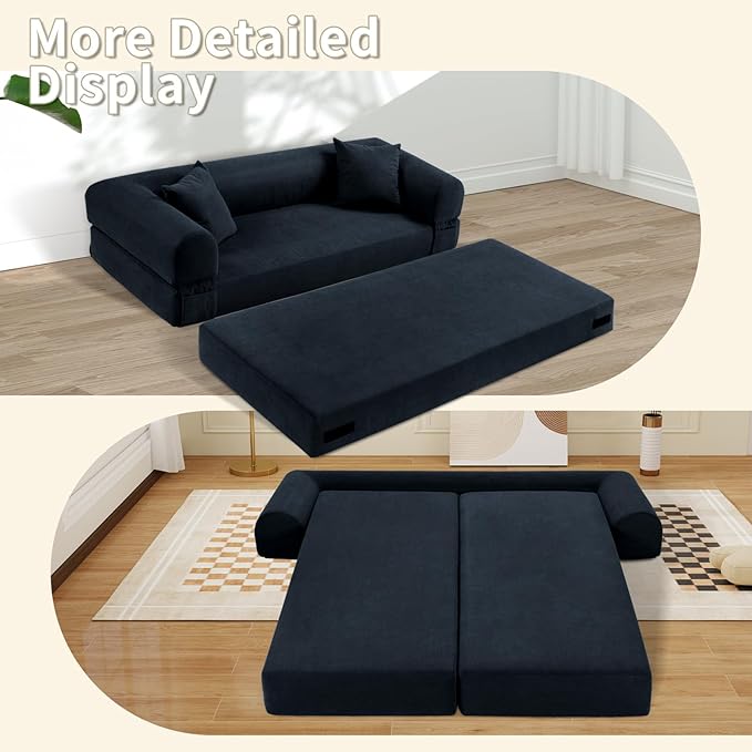 80" Convertible Sofa Bed, 3-in-1 Corduroy Folding Pull Out Couch with Pillows, No Assembly Modern Boneless Couch Compression Sofa in Box, Floor Sofa with Side Storage Pocket for Living Room,Navy Blue