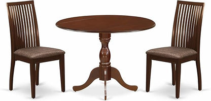 East West Furniture DMIP3-MAH-C 3 Piece Dining Set Contains a Round Dining Room Table with Dropleaf and 2 Linen Fabric Upholstered Chairs, 42x42 Inch, Mahogany
