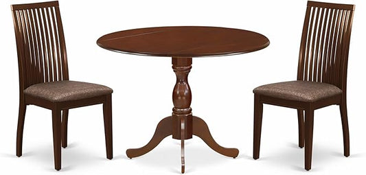 East West Furniture DMIP3-MAH-C 3 Piece Dining Set Contains a Round Dining Room Table with Dropleaf and 2 Linen Fabric Upholstered Chairs, 42x42 Inch, Mahogany