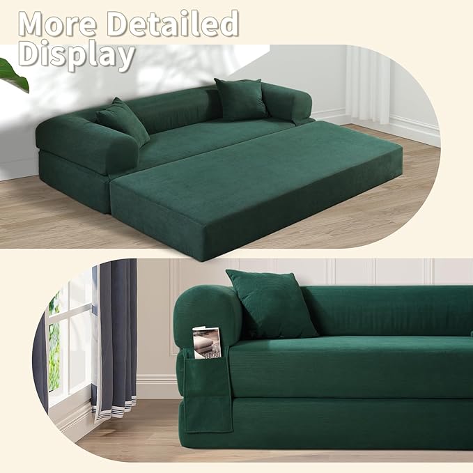 80" Convertible Sofa Bed, Corduroy Deep Seat Folding Pull Out Couch with Pillows, No Assembly Modern Boneless Couch Compression Sofa in Box, Floor Sofa with Storage Pocket for Living Room,Dark Green
