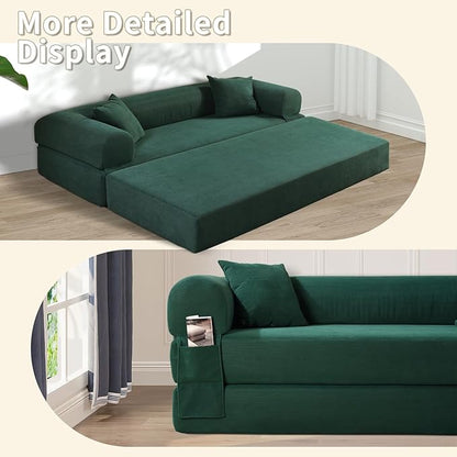 80" Convertible Sofa Bed, Corduroy Deep Seat Folding Pull Out Couch with Pillows, No Assembly Modern Boneless Couch Compression Sofa in Box, Floor Sofa with Storage Pocket for Living Room,Dark Green