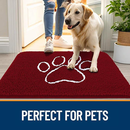 OLANLY Door Mat for Muddy Dog Paws 30x20, Ultra Absorbent Chenille Mud Doormat with Paw Print Design, Non-Slip Washable Doormat for Indoor Entryway, Quick-Dry Pet Bed Mats for Dirty Dogs, Red