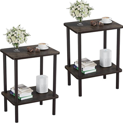 Apicizon 2 Tier End Table Set of 2, Small Side Table with Solid Wood Legs, Boho Bedside Table with Storage Shelf, Nightstand for Small Spaces, Bedroom, Living Room, Entryway, Rustic Oak
