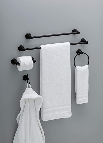 Franklin Brass Kinla 5-Piece Bathroom Set Matte Black 18" and 24" Towel Bar Racks, Toilet Paper Holder, Ring, Hook KIN5PC-MB