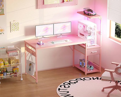Casaottima 48 Inch Gaming Desk with Storage & LED Lights, Reversible Computer Desk with Display Shelves & Fabric Drawer, Modern Gamer Desk Table with Side Headphone Hook, Carbon Fiber Pink