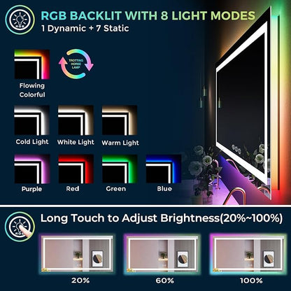 55x36 Inch RGB LED Bathroom Mirror Front Light and RGB Backlit Lighted Vanity Mirror for Bathroom Wall Mounted Dimmable Anti Fog Memory Shatter-Proof IP54 Waterproof Horizontal/Vertical
