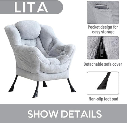LITA Lazy Chair with Ottoman, Modern Accent Leisure Upholstered Sofa, Contemporary Lounge Reading Chair with Armrests and a Side Pocket for Living Room, Bedroom & Small Space, Single Plush Grey