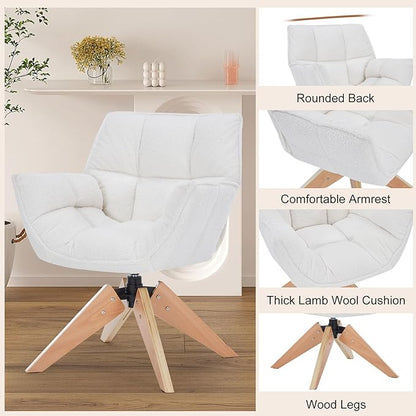 Mid Century Accent Chair, Lambs Wool Vanity Chair Modern Cozy Desk Chair no Wheels with Amrest, Wood Legs for Living Room, Reading Room, Bedroom, White