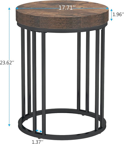 LITTLE TREE Round End Table, Industrial Side Table Small Accent Table, Metal Circle C Table Bed Side Table for Living Room Sofa Side Couch, Bedroom, Easy Assembly, Space Saving (Brown, 1PC)