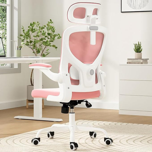 Ergonomic Office Chair, Comfy Home Office Chair High Back Computer Chair with Headrest, Adjustable Back Support, Flip-Up Arms, 90-120° Tilt and Wide Cushion, Up to 300lbs, Pink+White