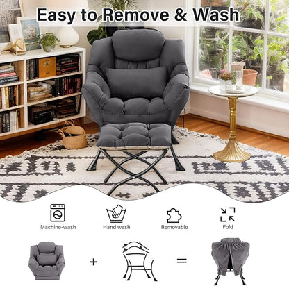 Lazy Chair with Ottoman, Comfy Fabric Accent Lounge Arm Chair with Lumbar Pillow and Folding Footrest, Reading Leisure Sofa Armchair for Bedroom, Living Room, Dorm,Dark Grey