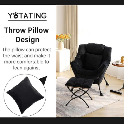 Lazy Chair with Ottoman, Comfy Reading Lounge Chair with Footstool & Throw Pillow Modern with Armrests & Side Pocket for Living Room, Bedroom, Dorm Room, Velvet Black