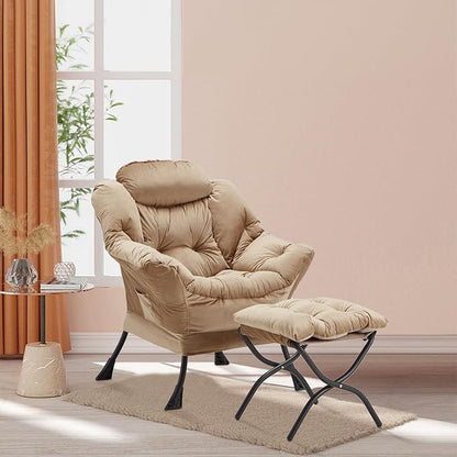 Lazy Chair with Folding Ottoman, Accent Chair Velvet Upholstered with Metal Structure and Non-Slip Pads, Sofa Armchair with Footrest and Side Storage Bag for Dorm, Room, Office, Khaki