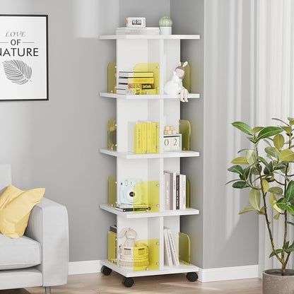 VECELO 4-Tier Rotating Bookshelf, Modern Swivel Bookcase for 360°Display,Stackable Square Book Shelves Floor-Standing Storage for Home Office, Solid Wood, Smooth Spinning, White