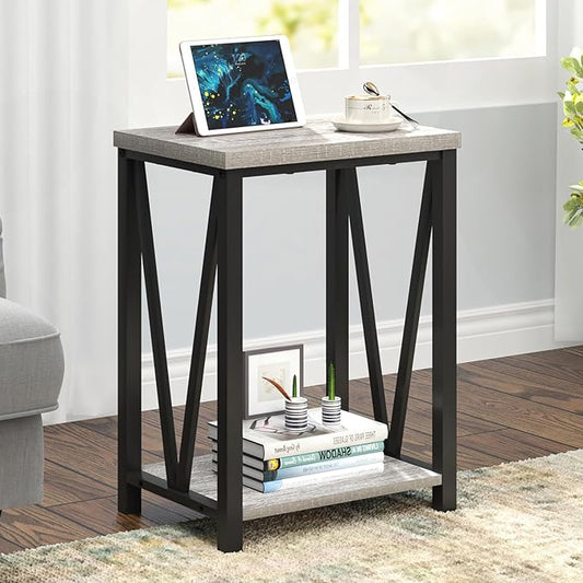 FOLUBAN End Table, Rustic Wood and Metal Side Table with Storage, Modern NightStand for Living Room Bedroom, Small Spaces, Light Grey