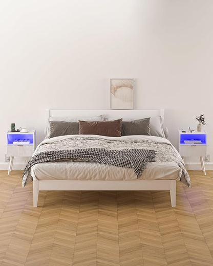 White Nightstand, Modern Bedside Table with Charging Station and LED Lights, Wood Night Stand with Drawer and Opening Storage