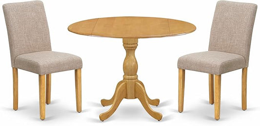 East West Furniture DMAB3-OAK-04 3 Piece Kitchen Table Set Contains a Round Dining Room Table with Dropleaf and 2 Light Tan Linen Fabric Parsons Dining Chairs, 42x42 Inch, Oak