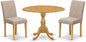 East West Furniture DMAB3-OAK-04 3 Piece Kitchen Table Set Contains a Round Dining Room Table with Dropleaf and 2 Light Tan Linen Fabric Parsons Dining Chairs, 42x42 Inch, Oak