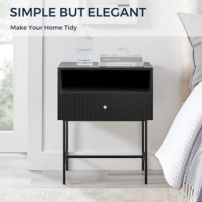 OCANDO Black Night Stand 19" Bedroom Bedside Table, Mid Century Modern Small Nightstand with 1 Fluted Drawer and Storage Shelf, Living Room Slim Sofa Couch Side End Tables Gold Handle