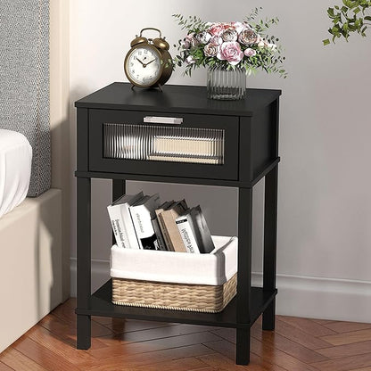 Nightstand Wooden Bedside Table with Drawer Black Night Stands Modern Style Small End Table Side Table with Storage Shelf for Bedroom Living Room MLBZ10B