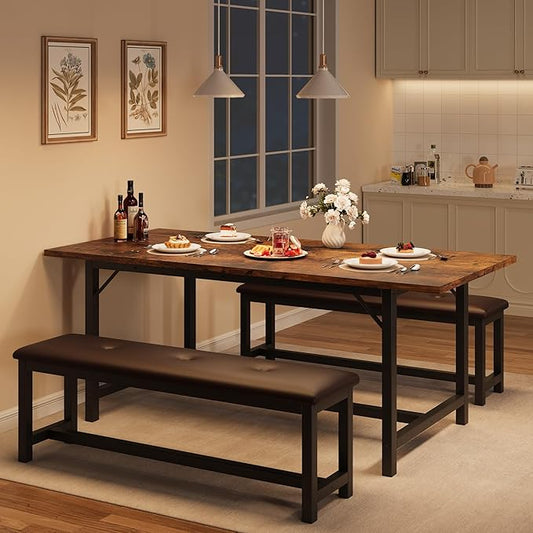 Dining Table Set for 4-6, 63“ Large Extendable Kitchen Table Set, Wood Rectangle Kitchen Table with 2 Soft Benches for Small Space, Apartment, Dinner,Saving Space, Retro Brown