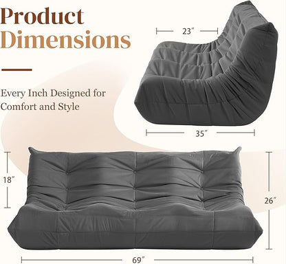 Bean Bag Chair, Large Fireside Chair Bean Bag Sofa for Adults, 3 Seater Bean Bag Chairs for Teens with High-Resilience Foam, Memory Foam Bean Bag for Living Room, Bedroom, Office (Suede, Dark Gray)
