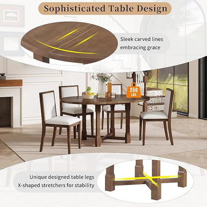 Ball & Cast Farmhouse 5 Pieces Dining Table Set with 4 Upholstered Chairs,Wooden Living Room Furniture for 4 W/ 57.7" Extendable Dining Table,Easy Assemble&Clean,for Dining Room,Bistro,Apartment,Brown