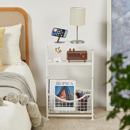 Narrow Side Table, Skinny Small End Tables with Magazine Holder, 3 Tier Small Sofa Side Table for Smalls Spaces, Sofa Couch Tables Bedside Table for Living Room Bedroom Office
