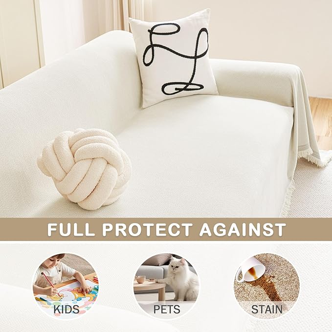 hyha Couch Cover for Dogs, Boho Sofa Covers for 3 Cushion Couch Washable, Chenille Sofa Slipcover for Pets, Soft Loveseat Sectional Couch Throw Blankets with Tassels (Beige, 88.5x134 Inch)