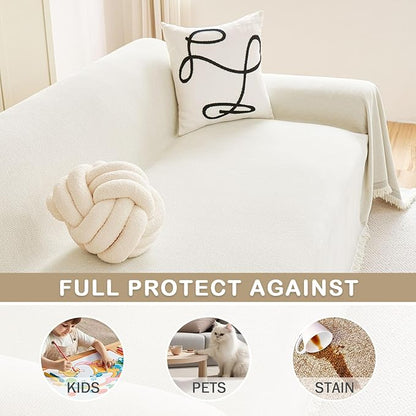 hyha Couch Cover for Dogs, Boho Sofa Covers for 3 Cushion Couch Washable, Chenille Sofa Slipcover for Pets, Soft Loveseat Sectional Couch Throw Blankets with Tassels (Beige, 88.5x150 Inch)